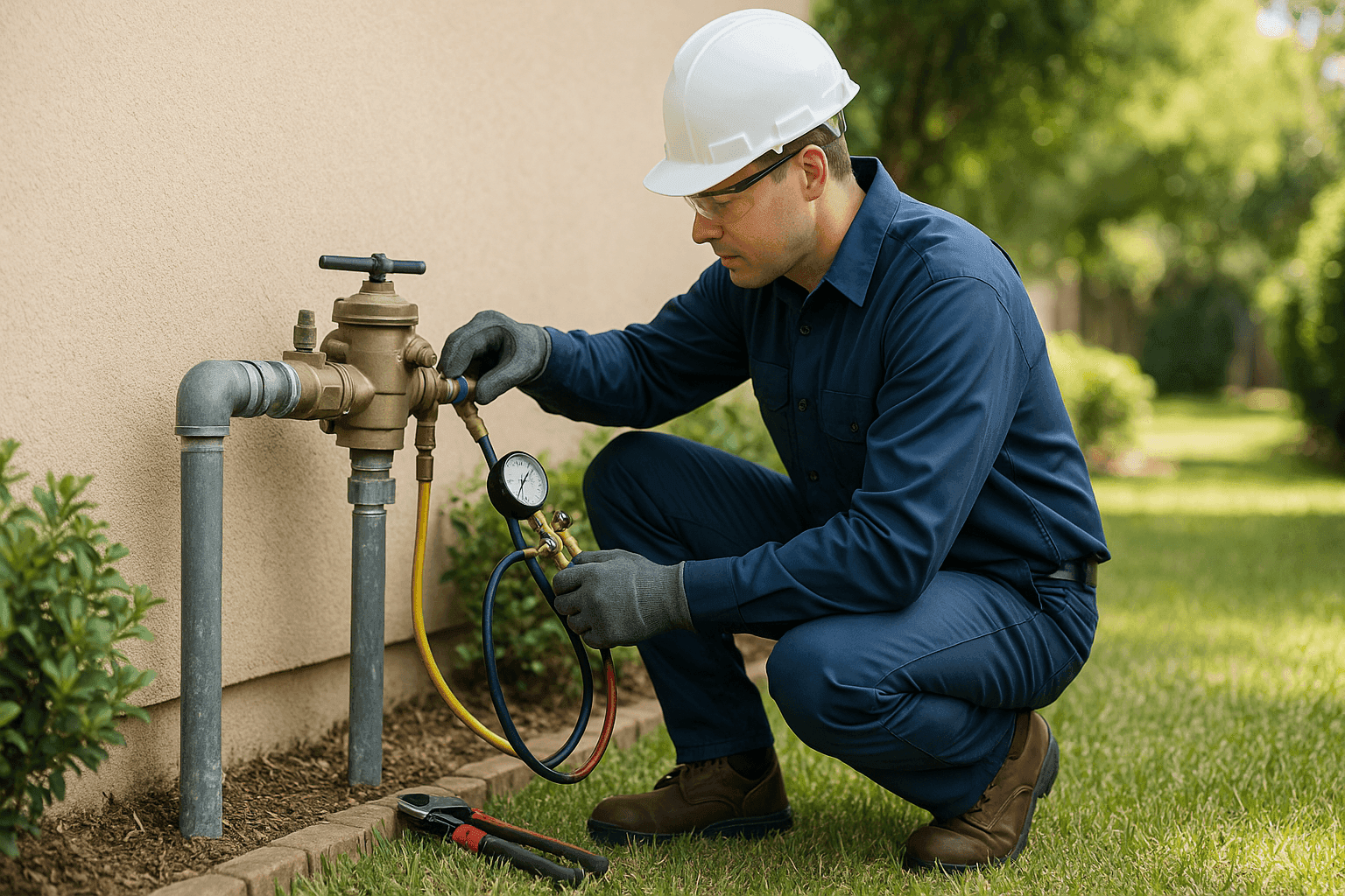 Plumber testing a residential backflow prevention device outdoors