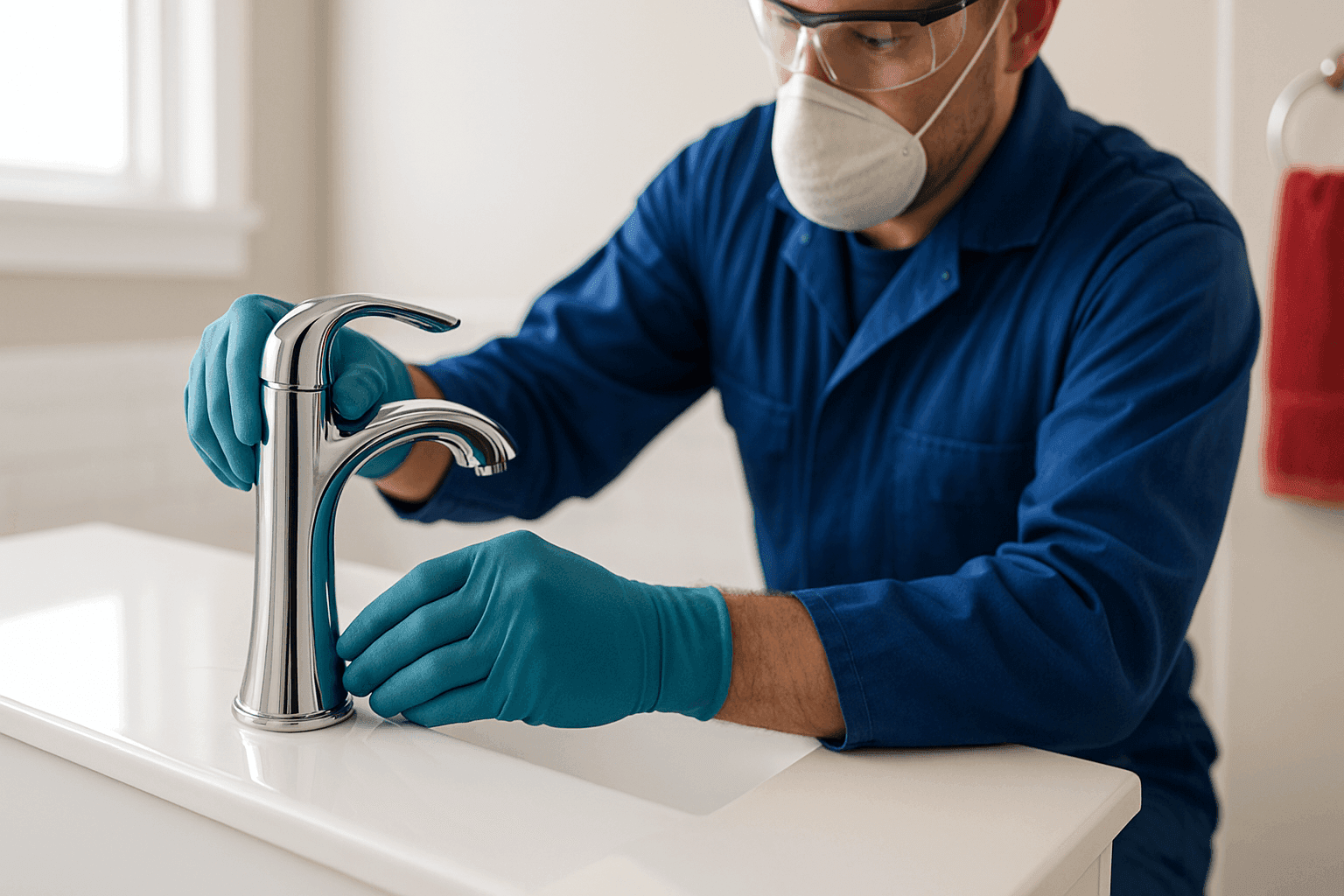 Plumber installing modern bathroom faucet on a new vanity