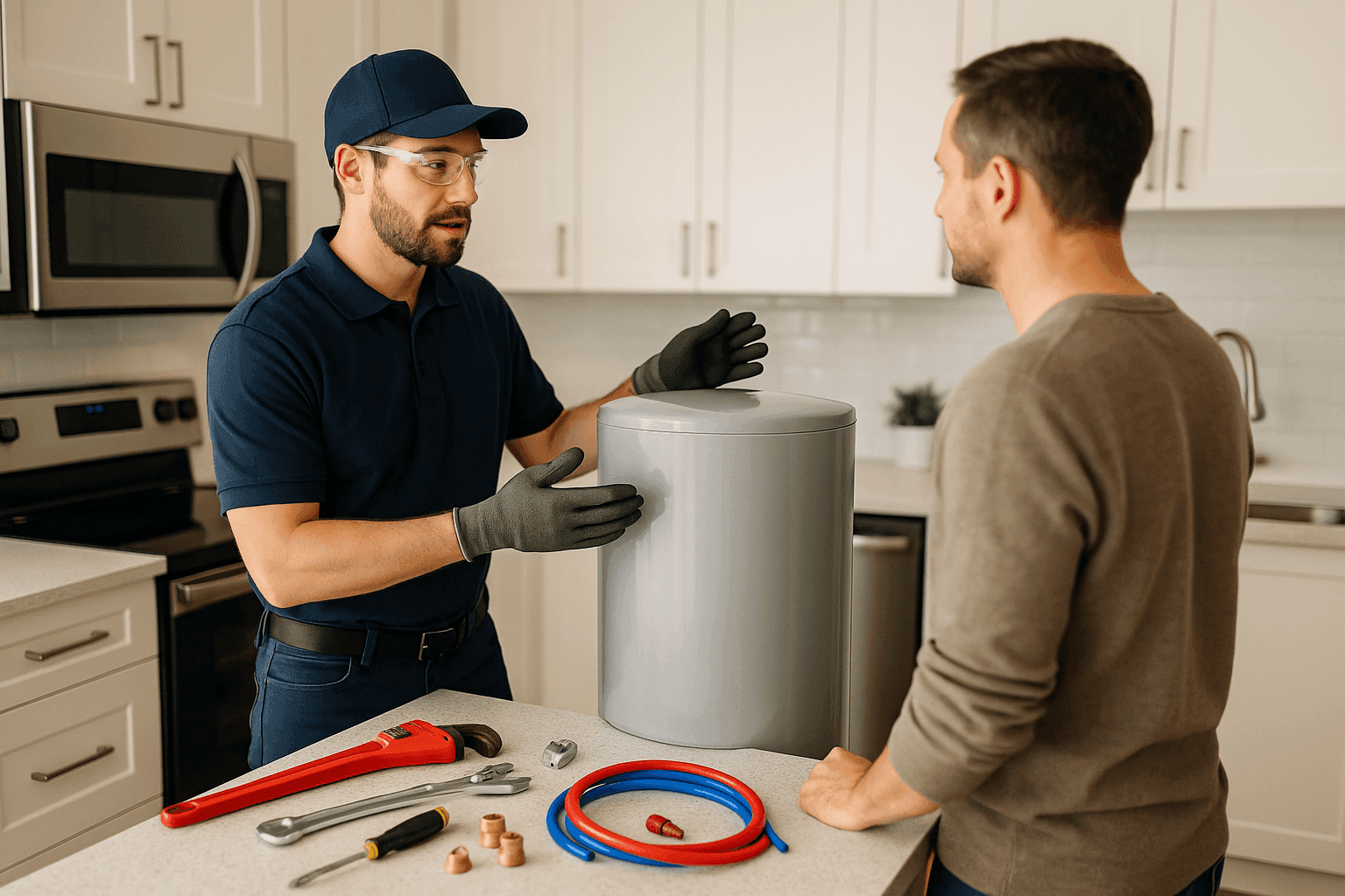 Plumber advising homeowner on water heater choices in kitchen