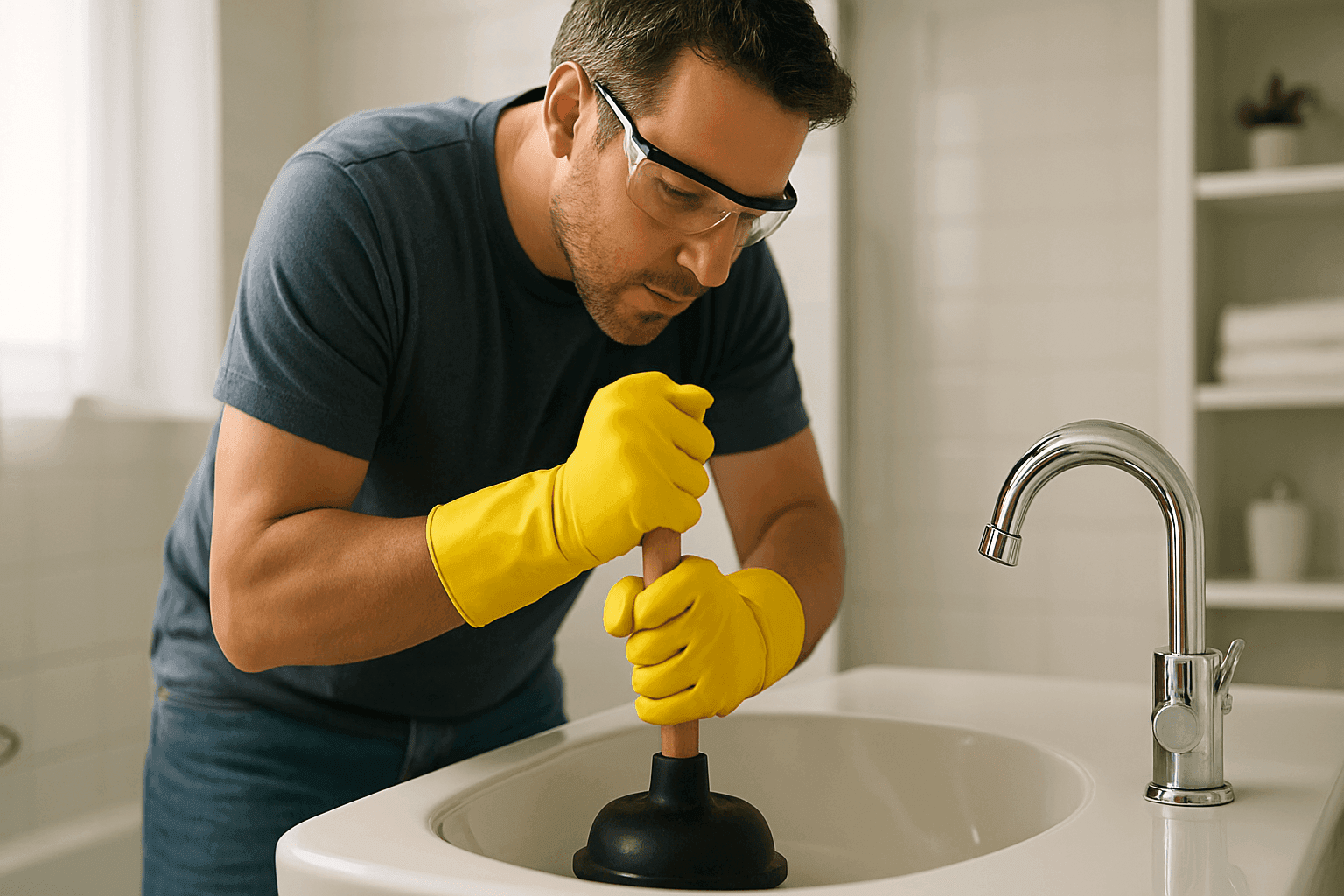 Homeowner using a plunger to clean a bathroom sink drain