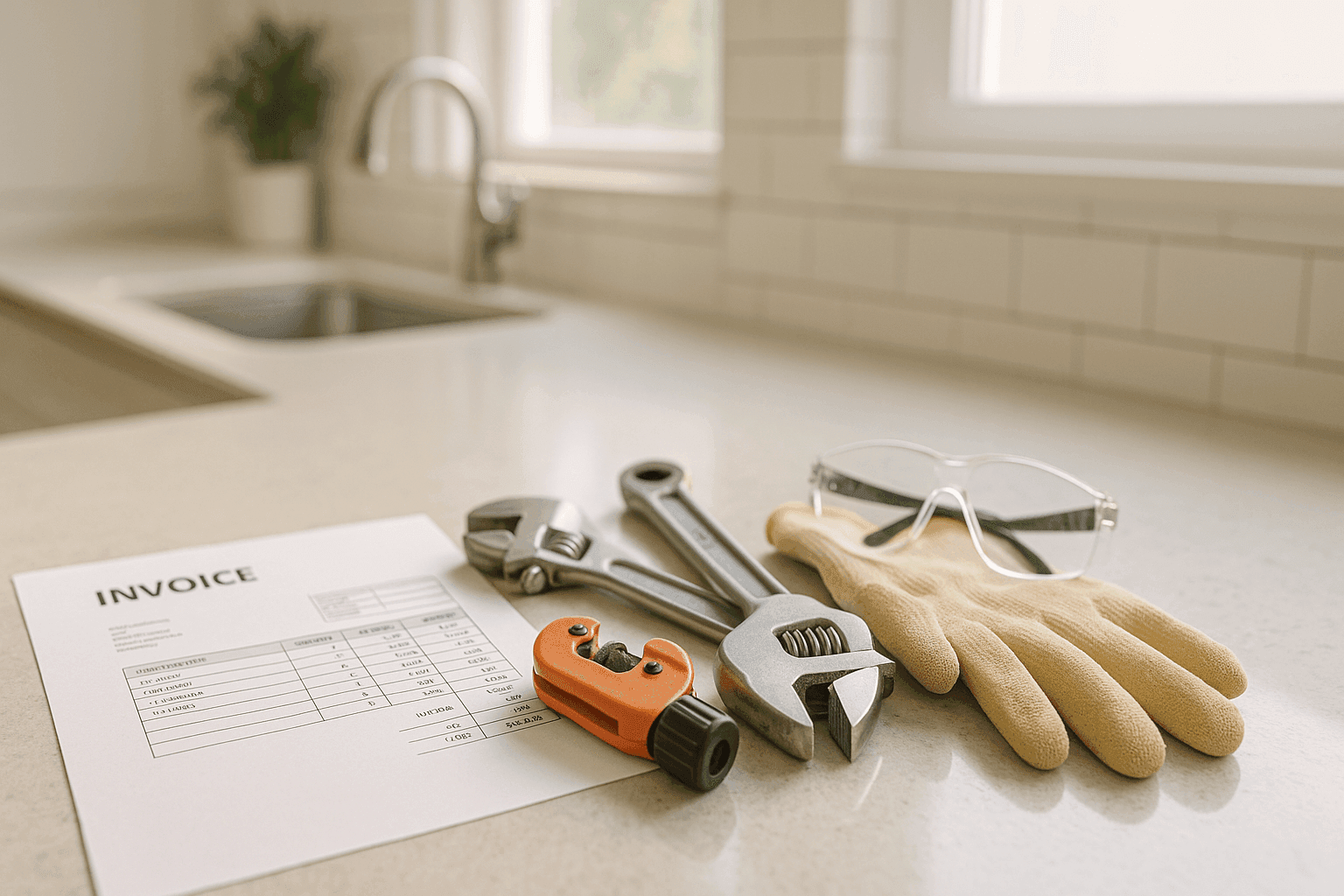 Invoice and plumber tools on kitchen counter after emergency repair