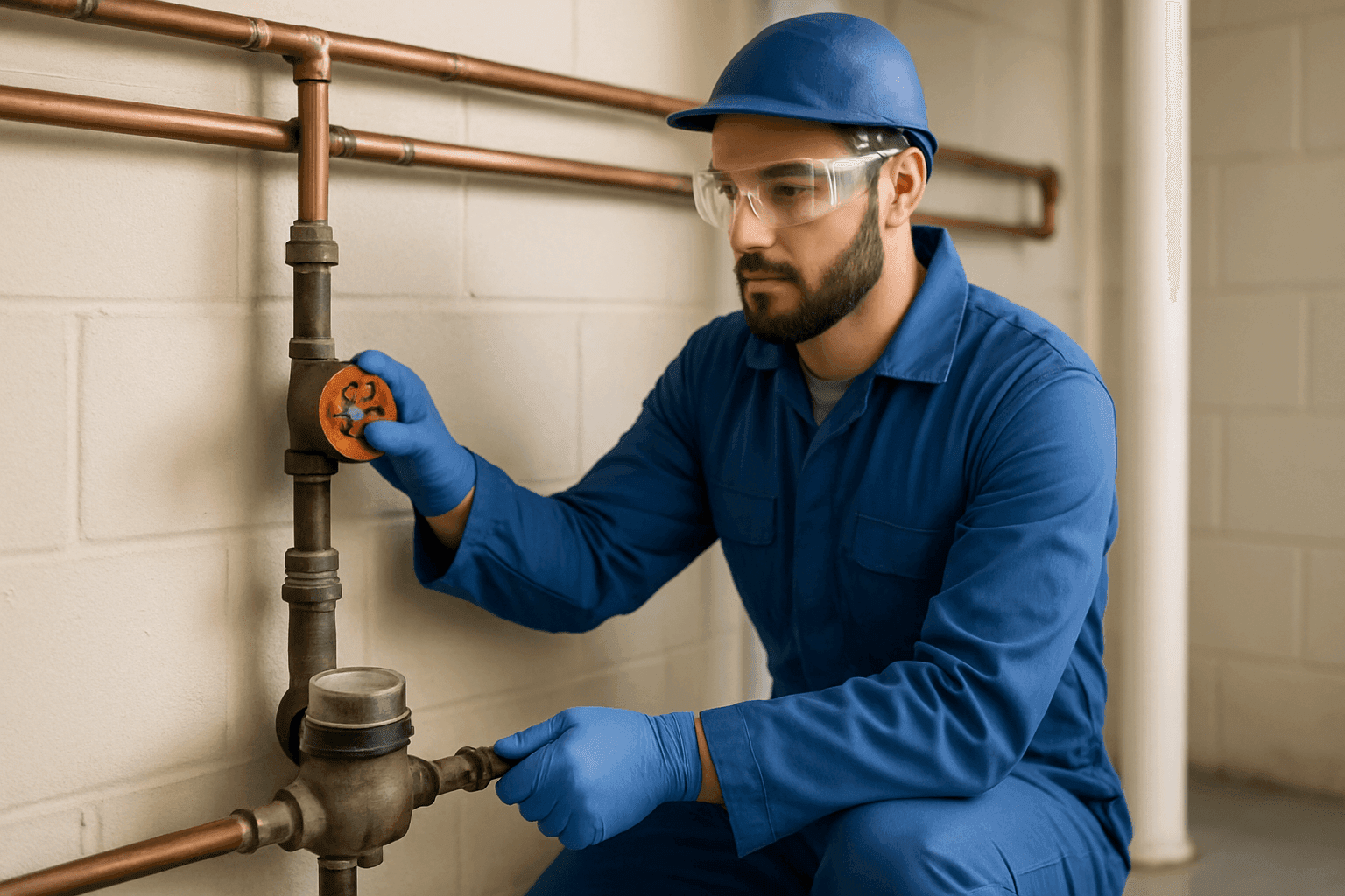 Technician shutting off main water valve in basement during a plumbing emergency