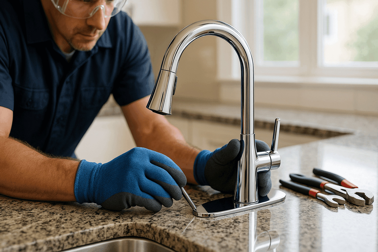 Plumber installing a new kitchen faucet on a granite countertop