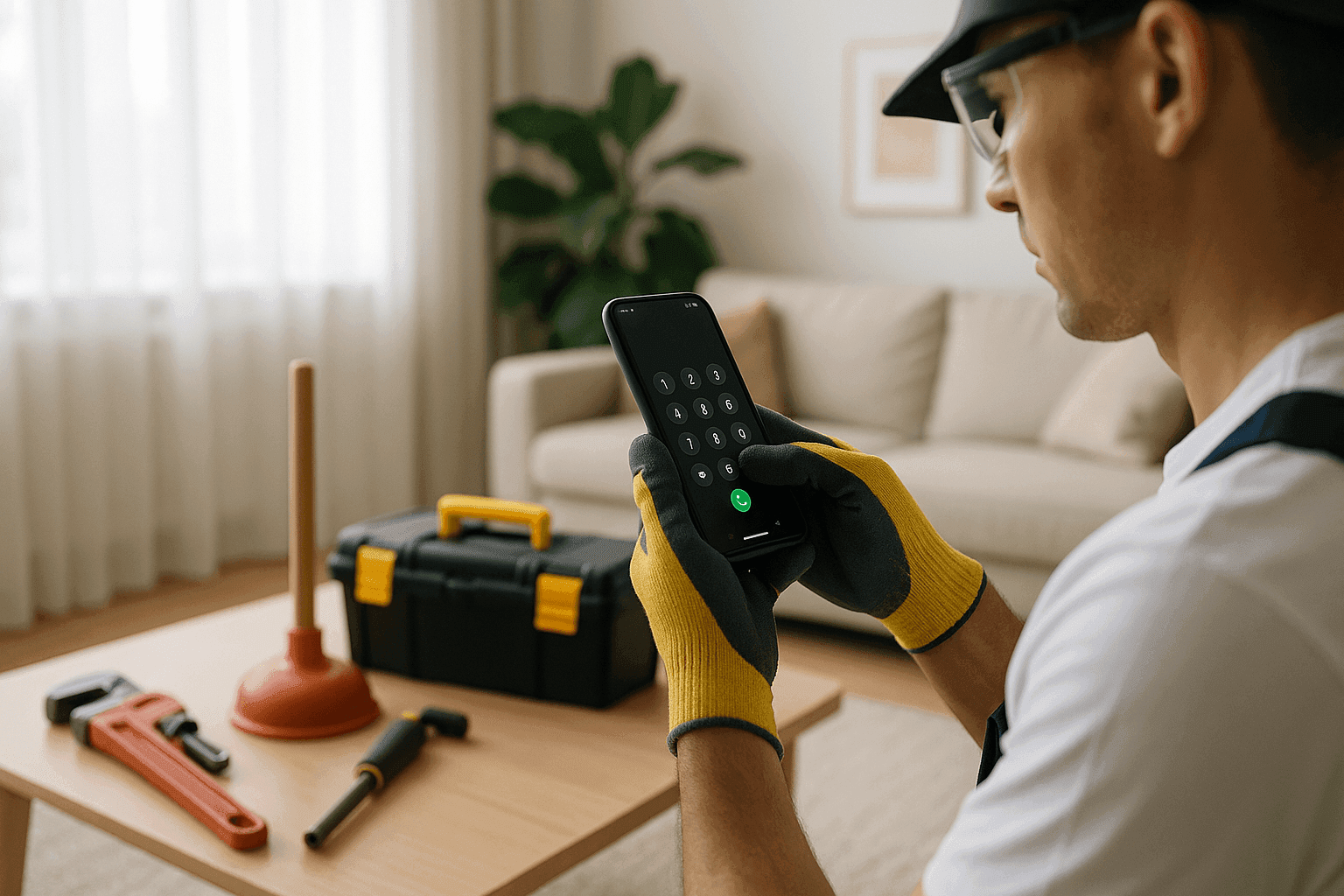 Homeowner calling a 24/7 emergency plumber from their living room