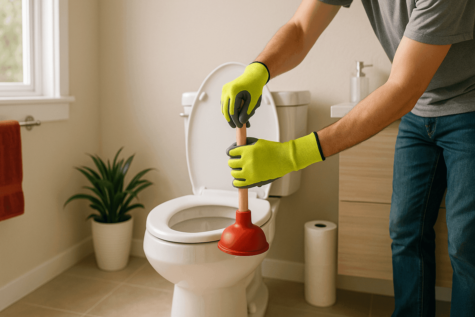Homeowner using a plunger to unclog a modern toilet