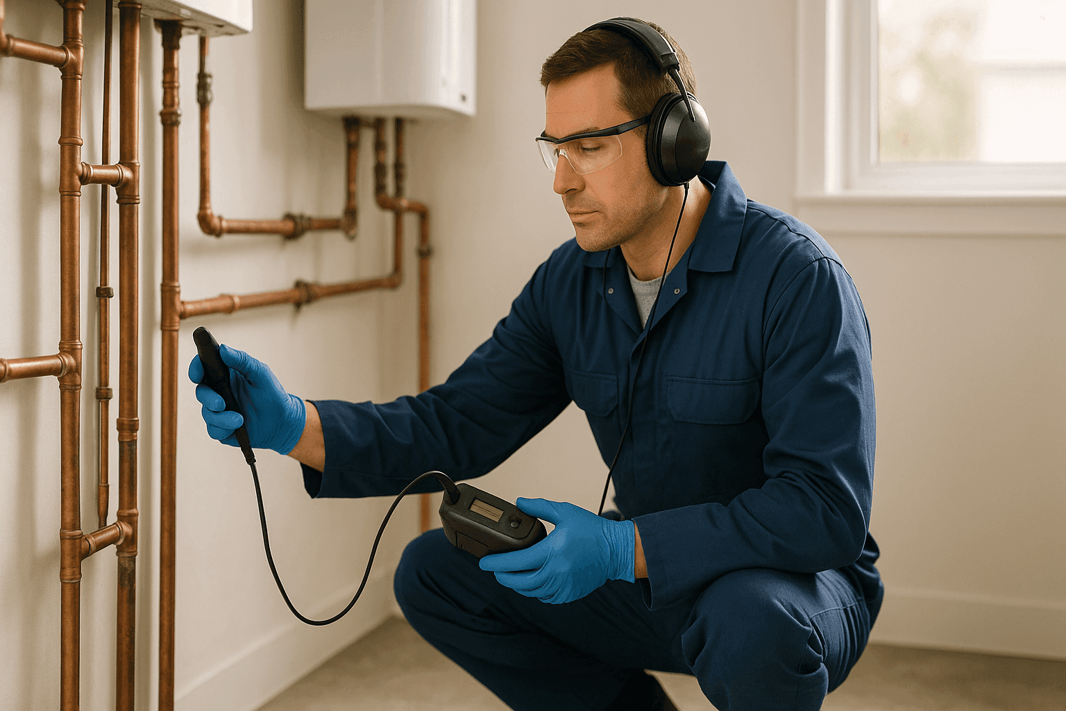 Plumber using electronic leak detection equipment on home pipes