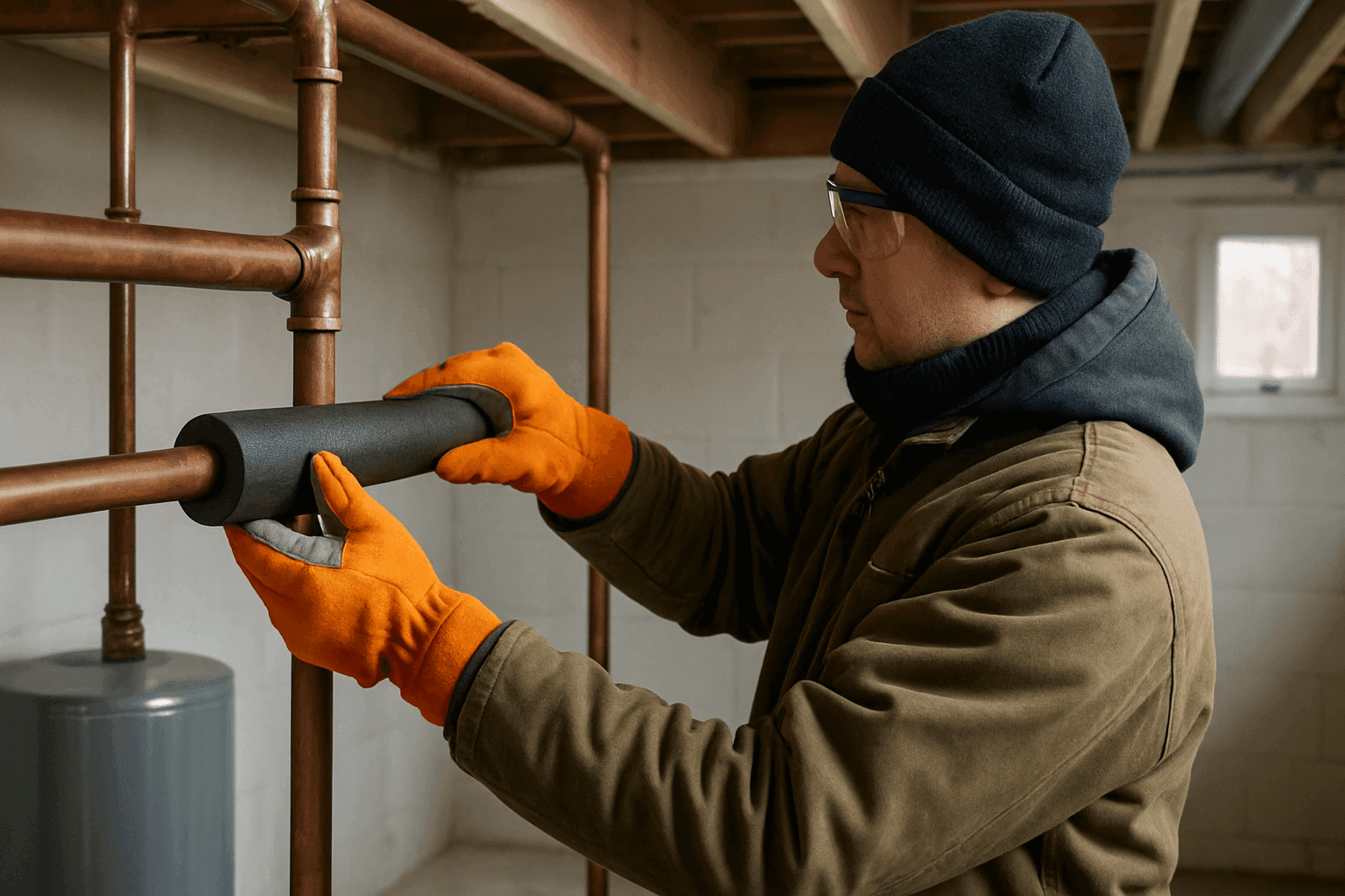 Homeowner insulating basement pipes to prevent freezing in winter
