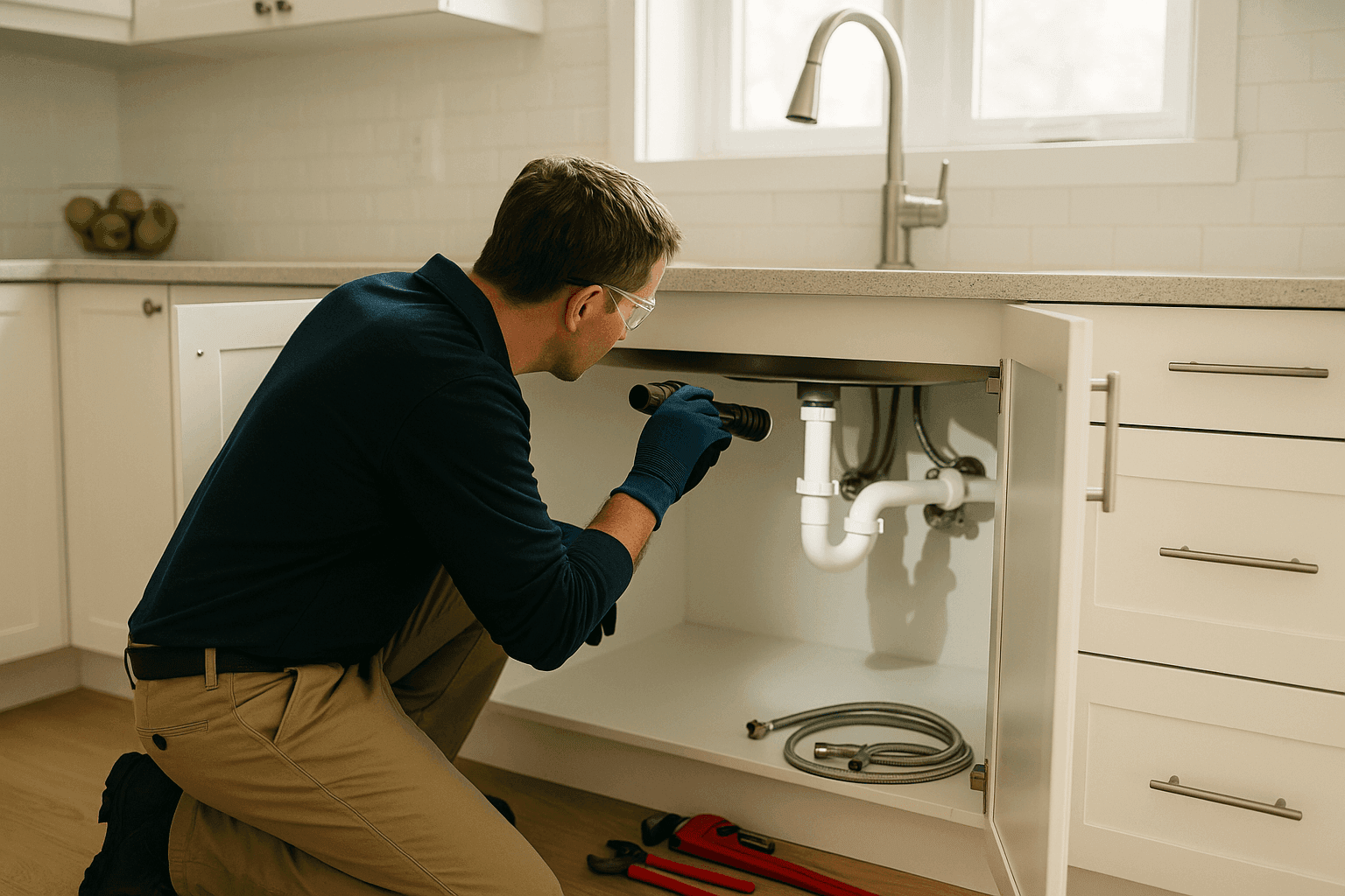 Propietario inspeccionando tuberías de plomería en la cocina con linterna para prevenir emergencias
