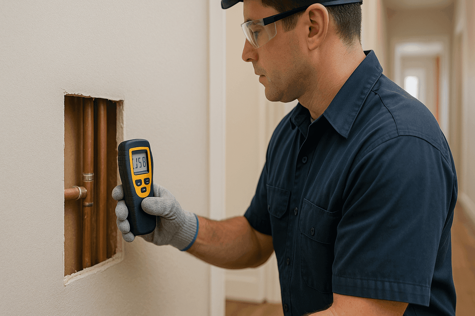 Plumber inspecting drywall for water damage near a pipe