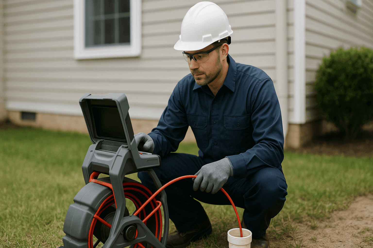 Plumber operating a sewer inspection camera outside a home