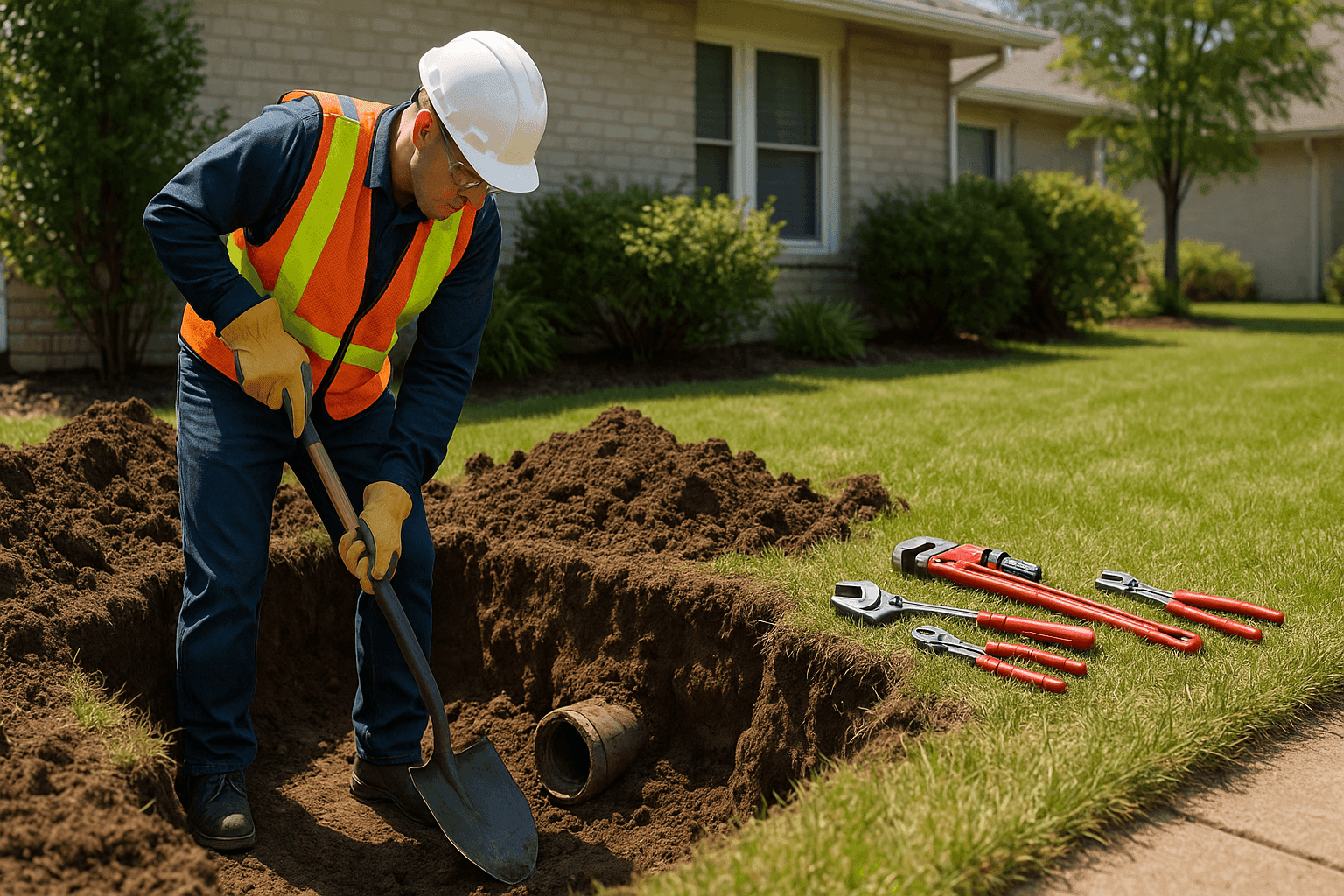 Plumber digging to expose a damaged sewer pipe in a home's yard