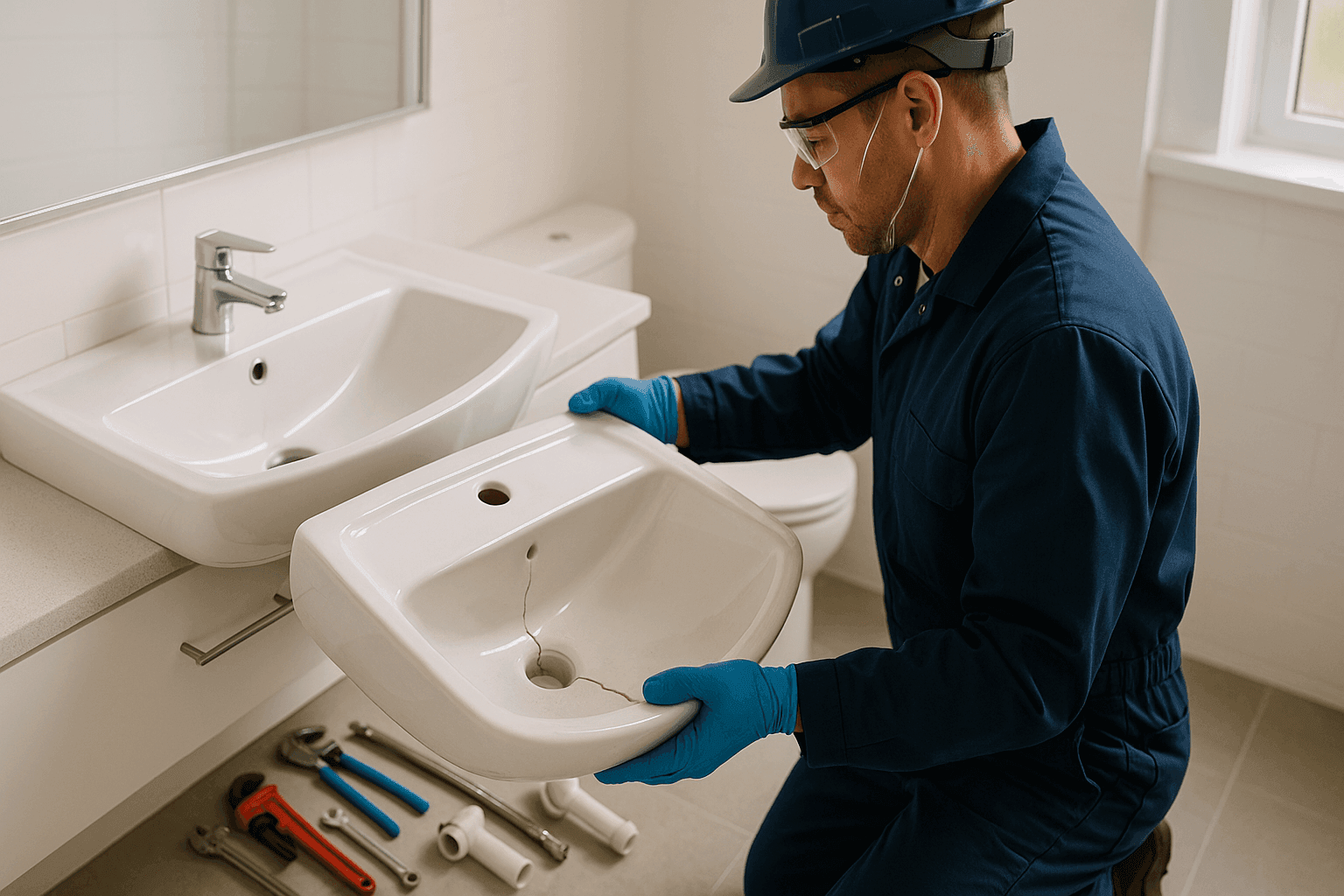 Plumber replacing a cracked bathroom sink with a new one