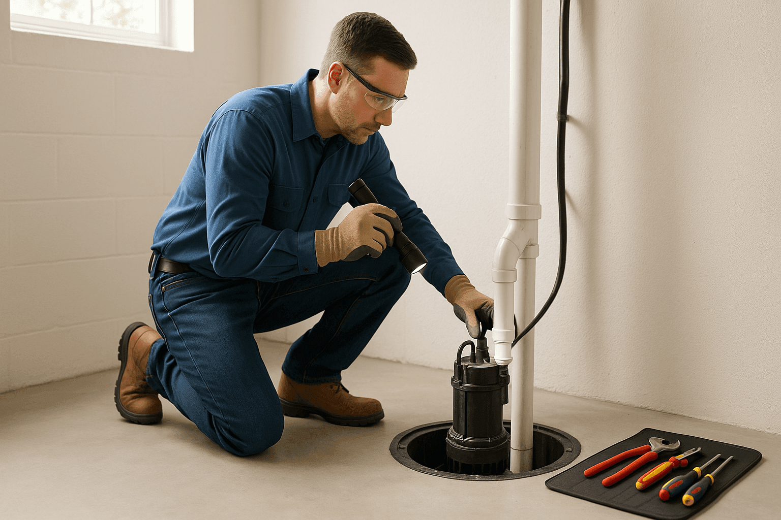 Plumber inspecting a sump pump in a basement before heavy rain