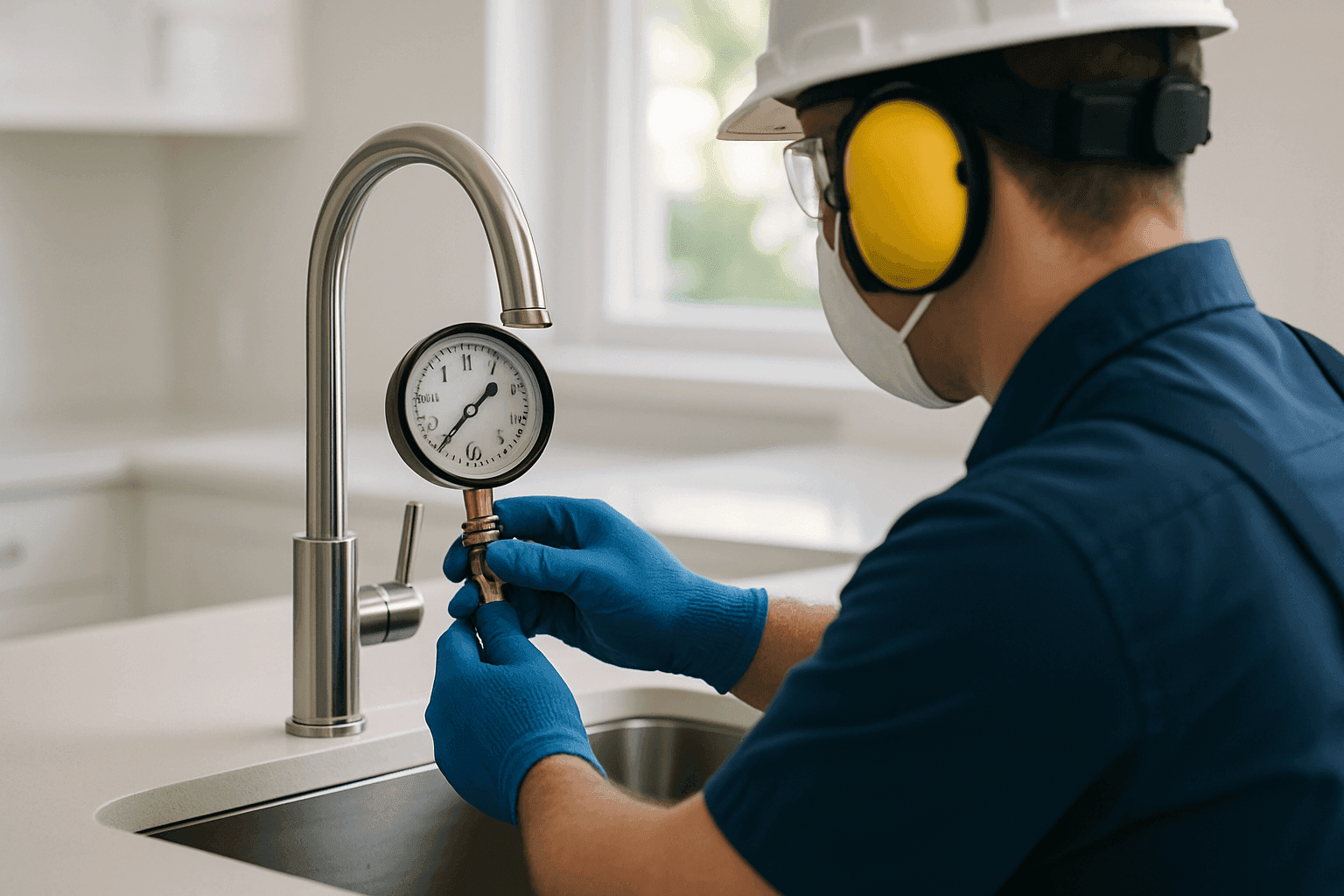 Plumber checking water pressure gauge on a kitchen faucet