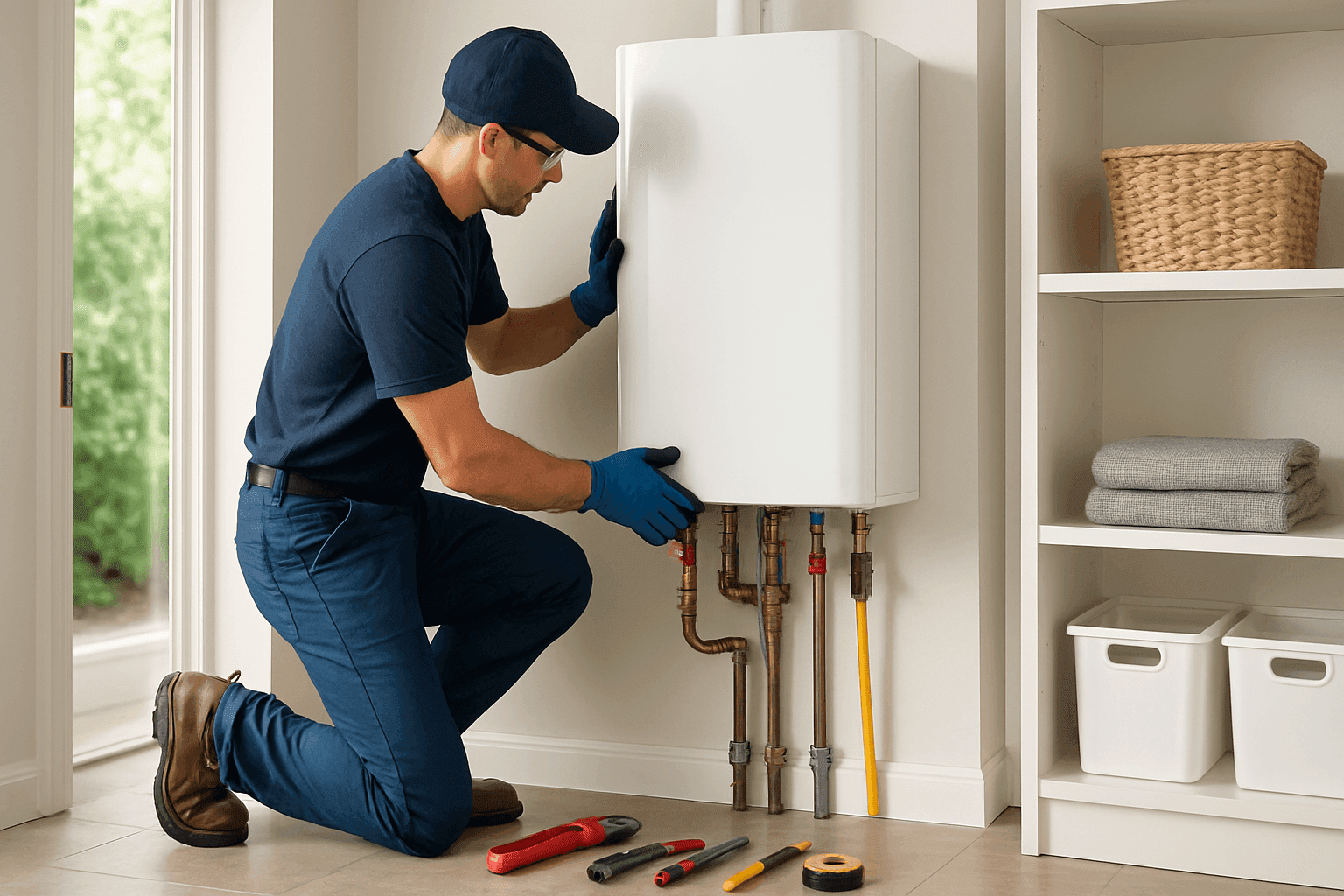 Plumber installing a new tankless water heater in a home utility closet