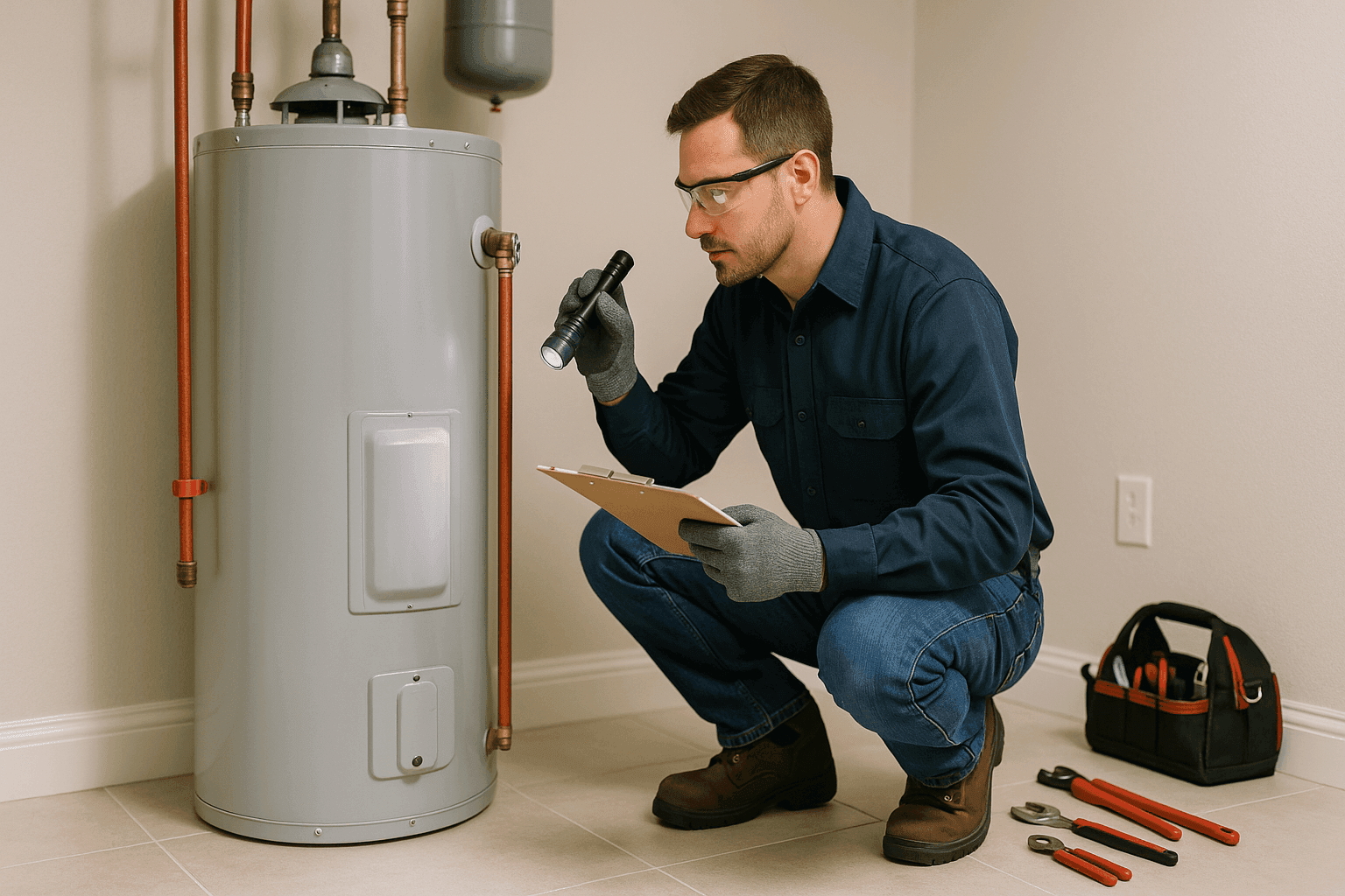 Plumber inspecting an old water heater in a residential utility room